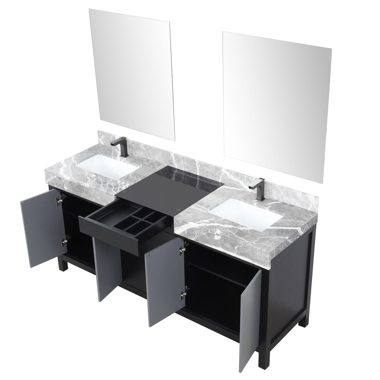 Zilara 72" Black and Grey Double Vanity, Castle Grey Marble Tops, White Square Sinks, Balzani Gun Metal Faucet Set, and 28" Frameless Mirrors