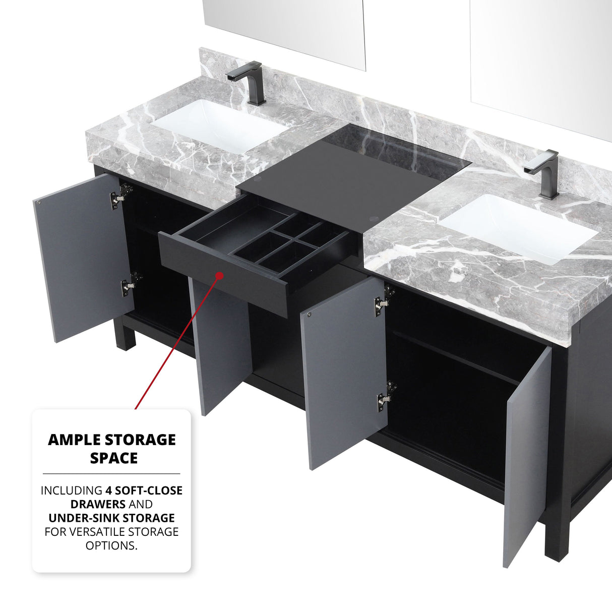 Zilara Black and Grey Freestanding Bathroom Vanity With Castle Grey Marble Tops, White Square Sinks, and Balzani Gun Metal Faucet Set