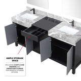 Zilara Black and Grey Freestanding Bathroom Vanity With Castle Grey Marble Tops, White Square Sinks, and Balzani Gun Metal Faucet Set