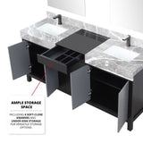 Zilara 72" Black and Grey Double Vanity, Castle Grey Marble Tops, White Square Sinks, Balzani Gun Metal Faucet Set, and 28" Frameless Mirrors