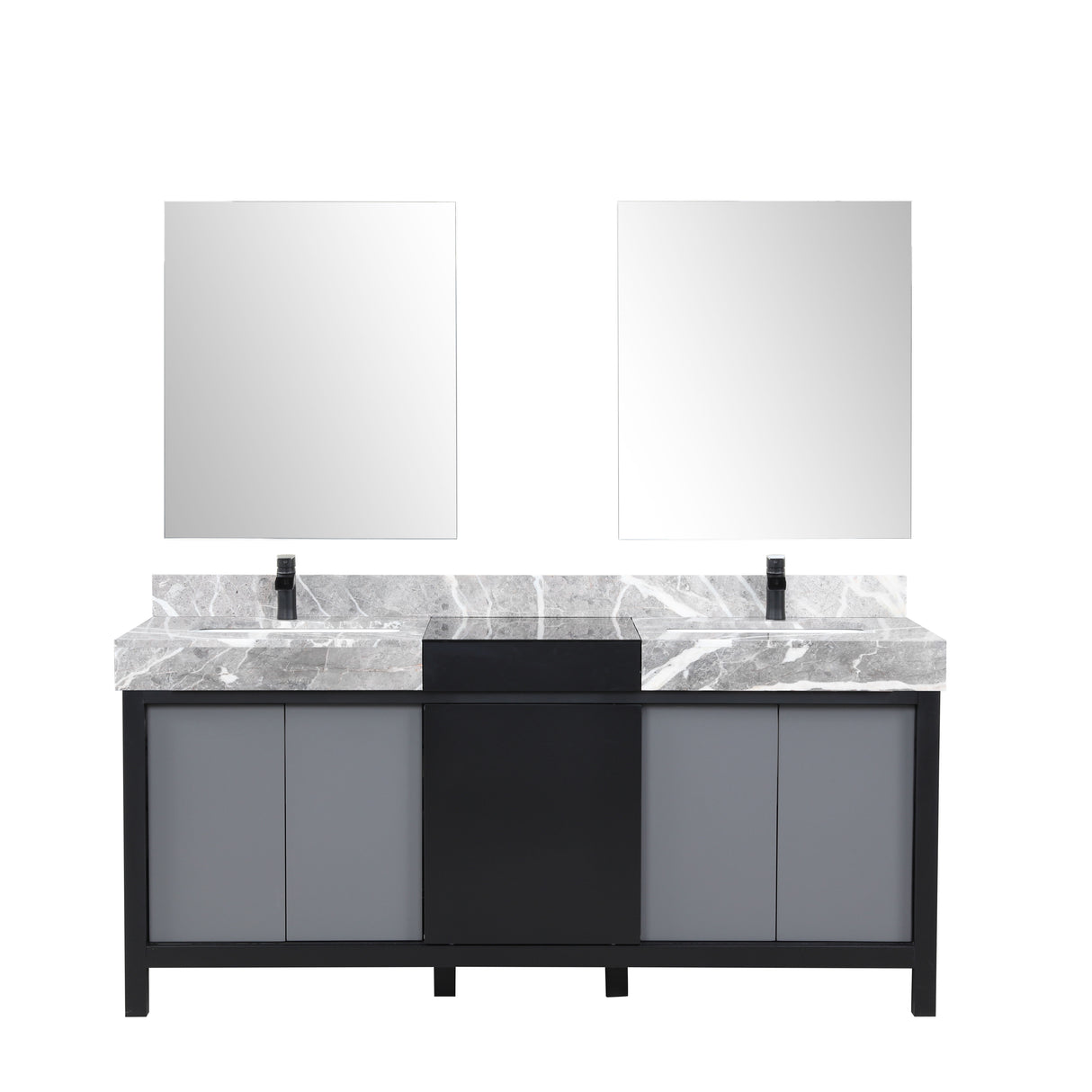 Zilara 72" Black and Grey Double Vanity, Castle Grey Marble Tops, White Square Sinks, Cascata Nera Matte Black Faucet Set, and 28" Frameless Mirrors