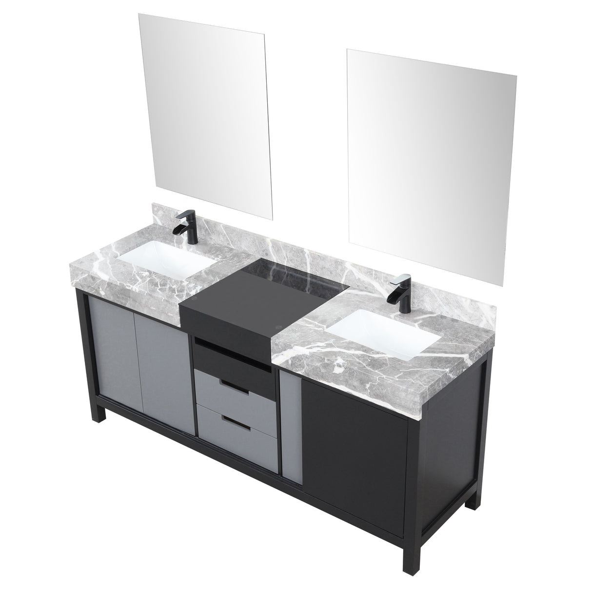 Zilara 72" Black and Grey Double Vanity, Castle Grey Marble Tops, White Square Sinks, Cascata Nera Matte Black Faucet Set, and 28" Frameless Mirrors