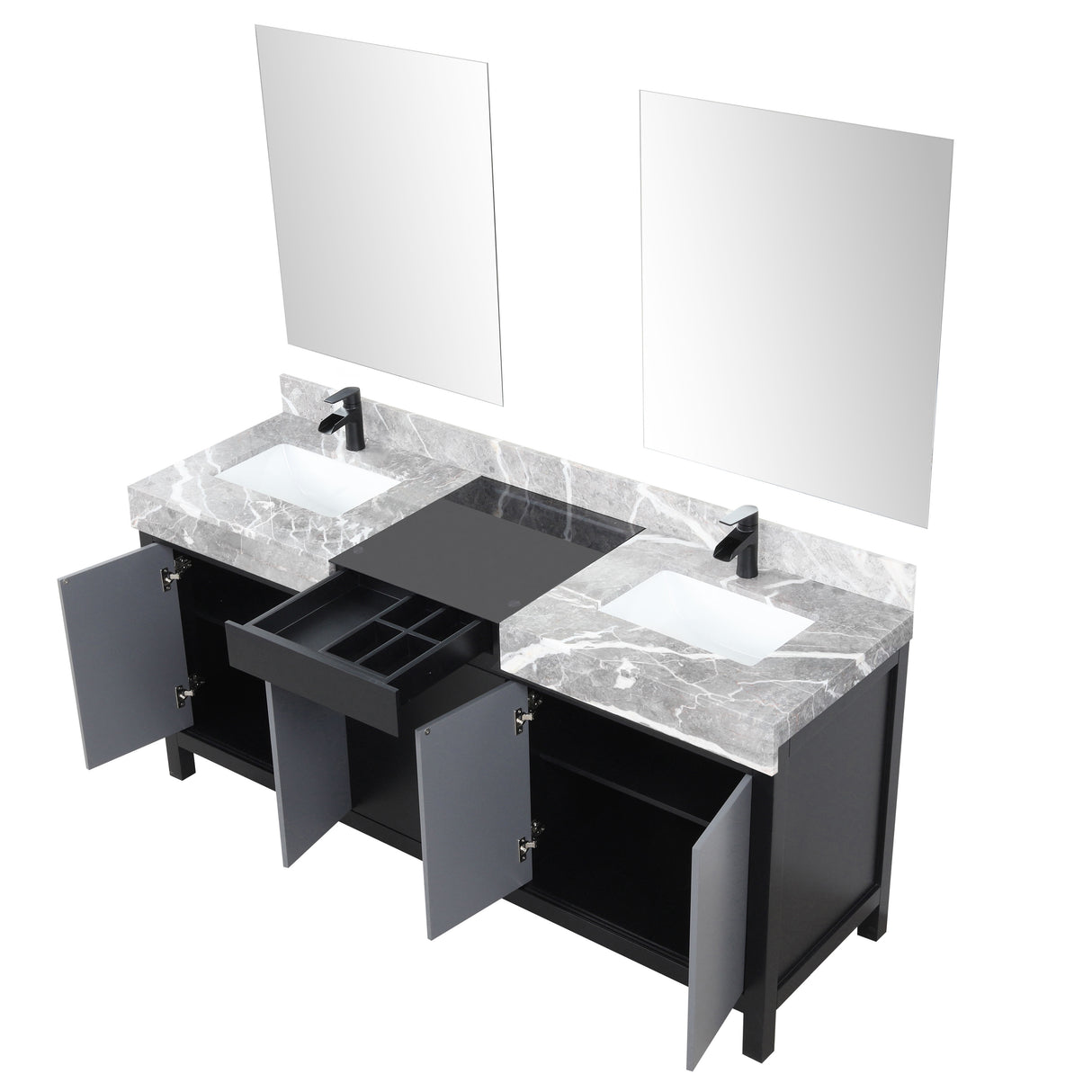 Zilara 72" Black and Grey Double Vanity, Castle Grey Marble Tops, White Square Sinks, Cascata Nera Matte Black Faucet Set, and 28" Frameless Mirrors