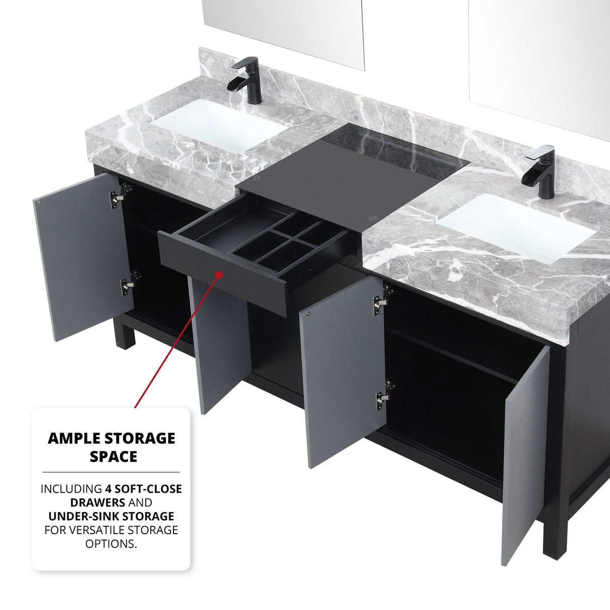 Zilara 72" Black and Grey Double Vanity, Castle Grey Marble Tops, White Square Sinks, Cascata Nera Matte Black Faucet Set, and 28" Frameless Mirrors
