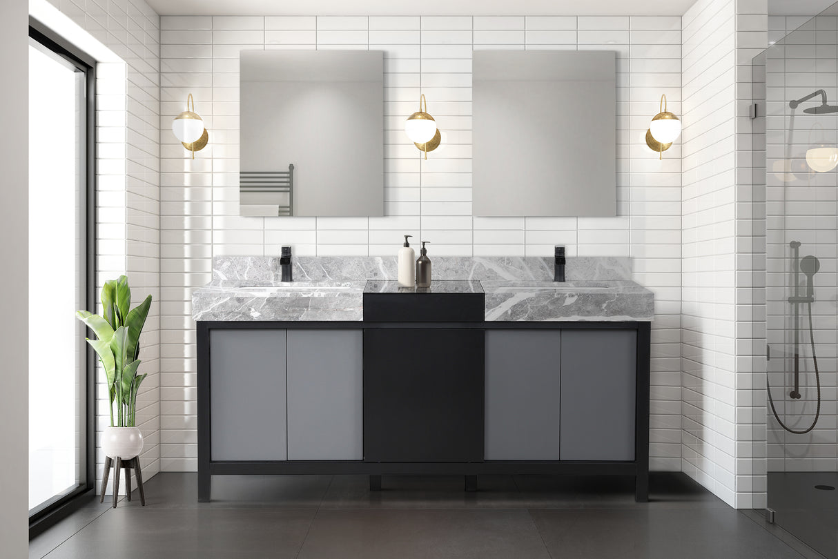 Zilara 72" Black and Grey Double Vanity, Castle Grey Marble Tops, White Square Sinks, and 28" Frameless Mirrors