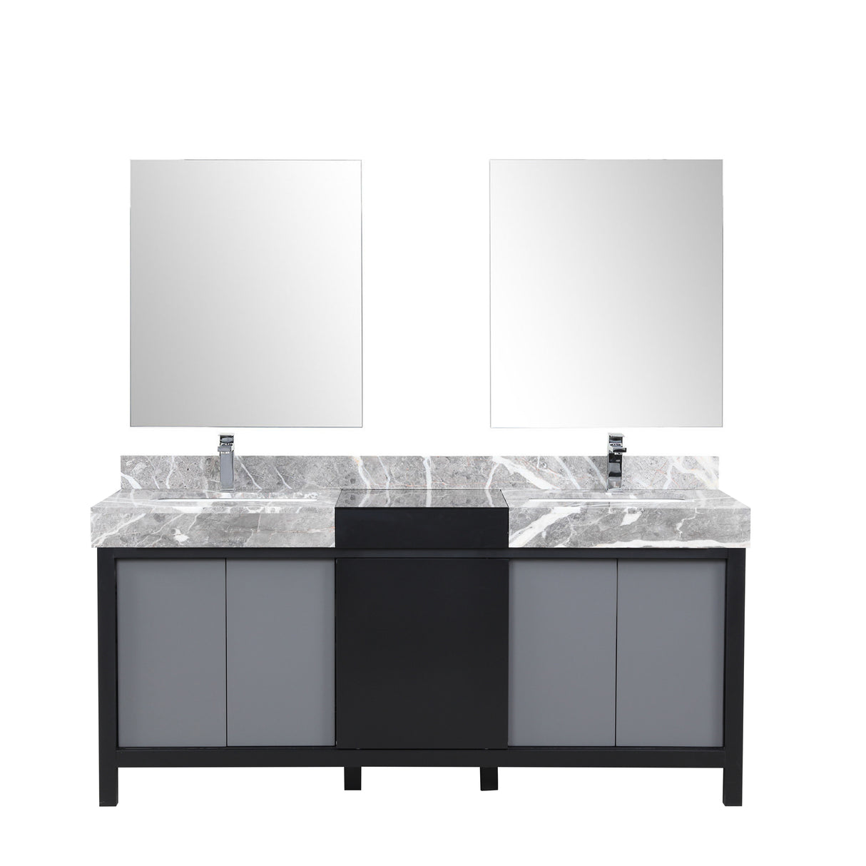 Zilara 72" Black and Grey Double Vanity, Castle Grey Marble Tops, White Square Sinks, Monte Chrome Faucet Set, and 28" Frameless Mirrors