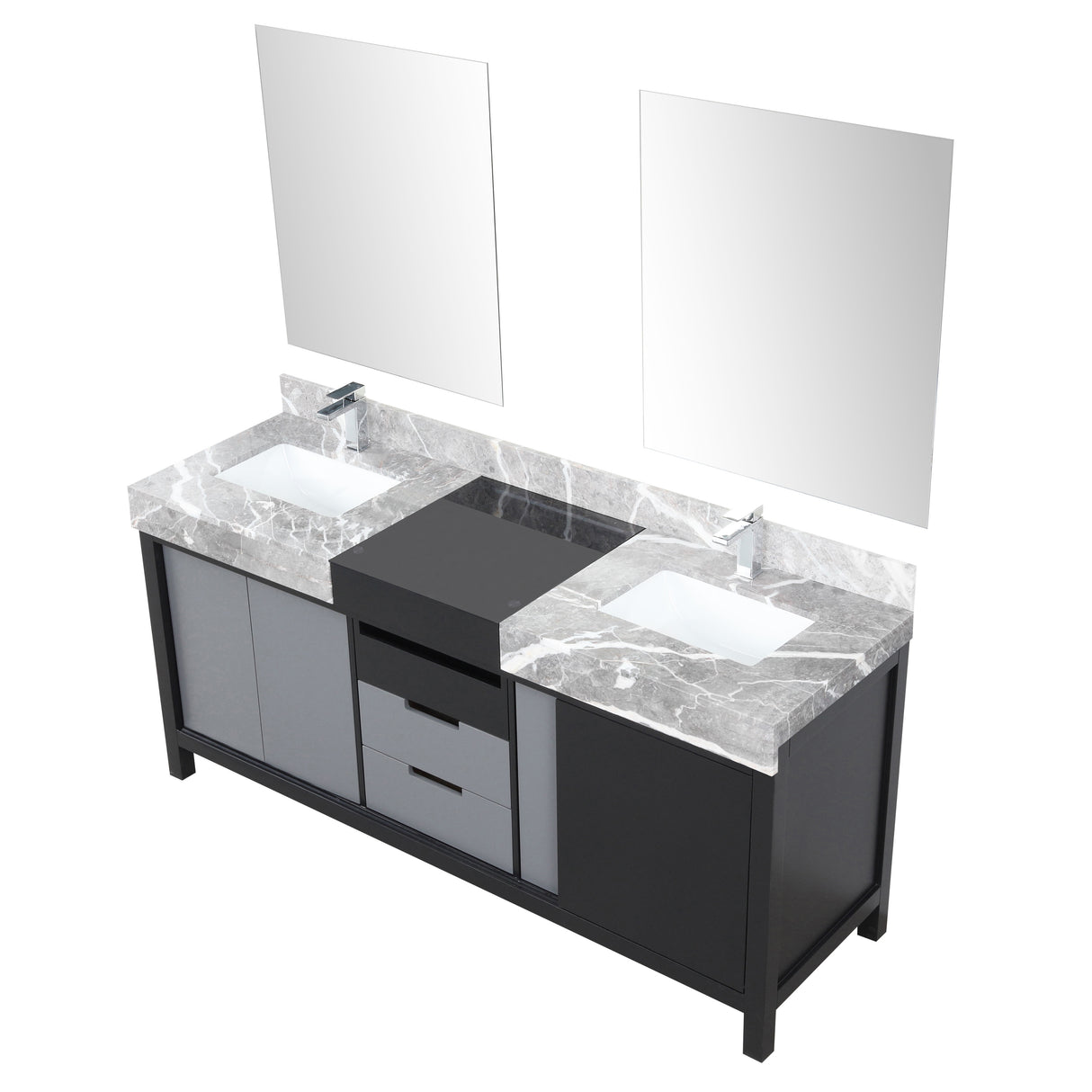 Zilara 72" Black and Grey Double Vanity, Castle Grey Marble Tops, White Square Sinks, Monte Chrome Faucet Set, and 28" Frameless Mirrors