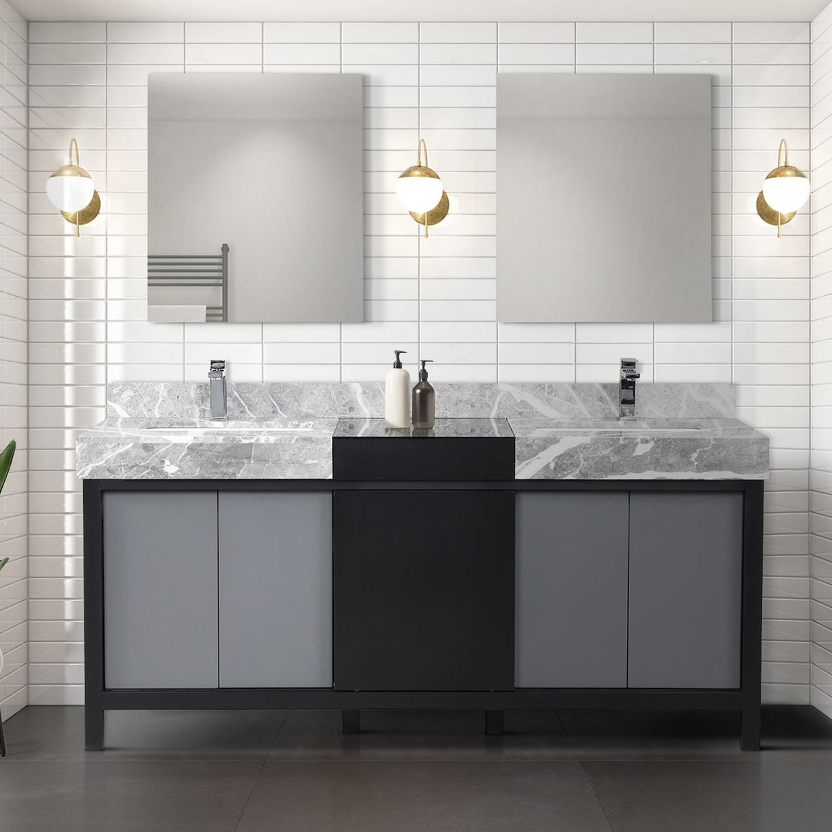 Zilara Black and Grey Freestanding Bathroom Vanity With Castle Grey Marble Tops, and White Square Sinks