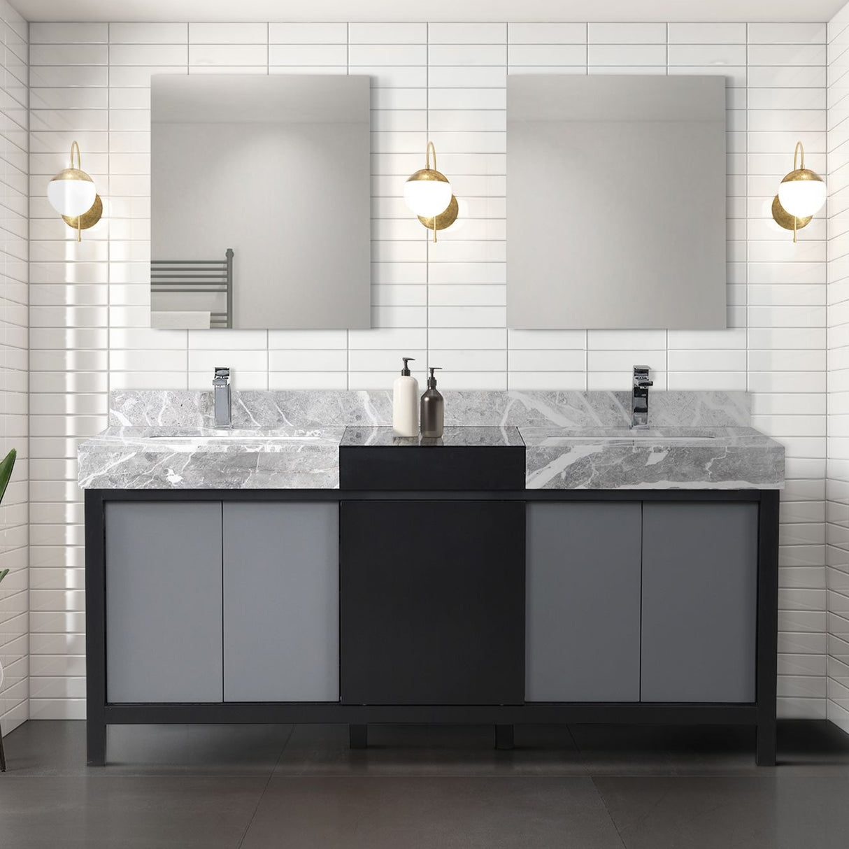 Zilara 72" Black and Grey Double Vanity, Castle Grey Marble Tops, White Square Sinks, Monte Chrome Faucet Set, and 28" Frameless Mirrors