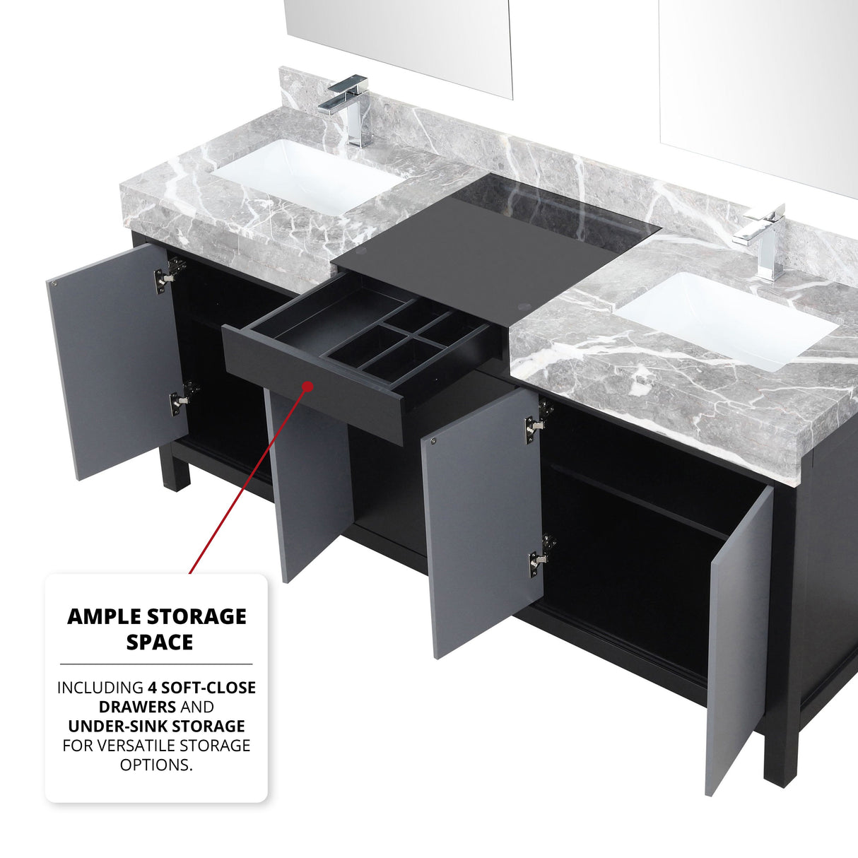 Zilara Black and Grey Freestanding Bathroom Vanity With Castle Grey Marble Tops, White Square Sinks, and Monte Chrome Faucet Set