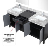 Zilara 72" Black and Grey Double Vanity, Castle Grey Marble Tops, White Square Sinks, Monte Chrome Faucet Set, and 28" Frameless Mirrors