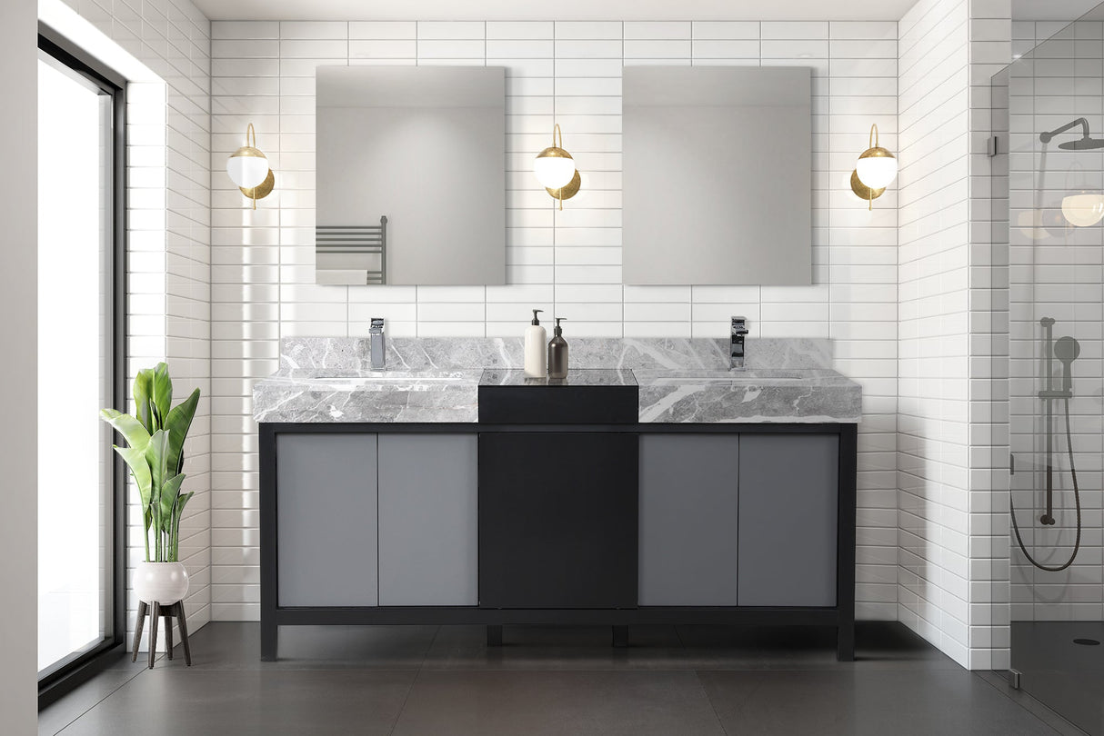 Zilara Black and Grey Freestanding Bathroom Vanity With Castle Grey Marble Tops, White Square Sinks, and Monte Chrome Faucet Set