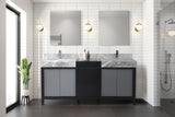 Zilara Black and Grey Freestanding Bathroom Vanity With Castle Grey Marble Tops, White Square Sinks, and Monte Chrome Faucet Set