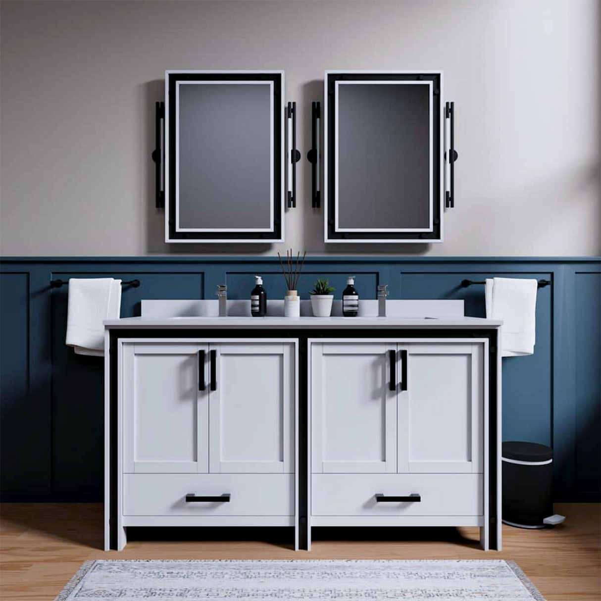 Ziva 60 in. Freestanding Bathroom Vanity With Double Integrated Ceramic Sink, White Cultured Marble Top
