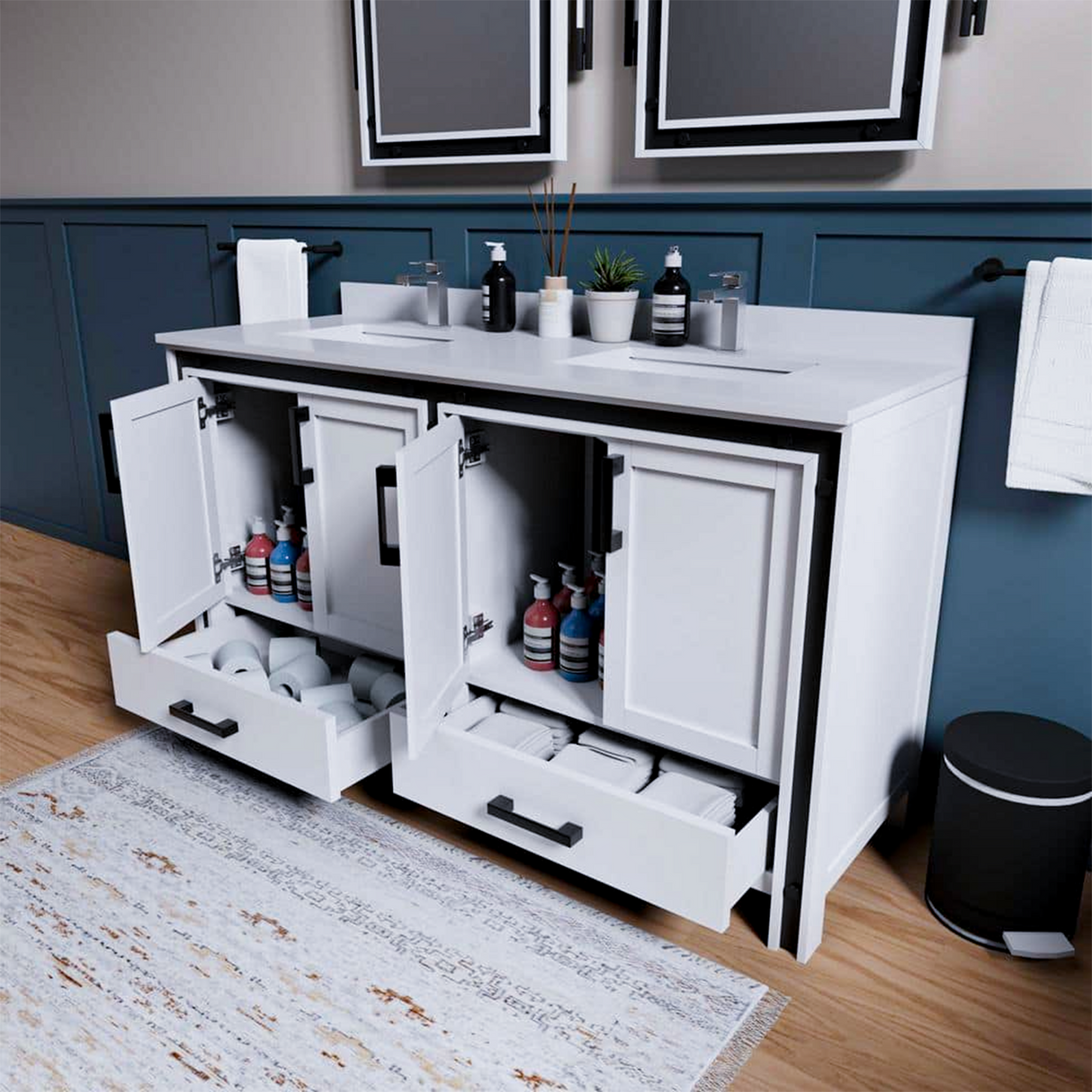 Ziva 60 in. Freestanding Bathroom Vanity With Double Integrated Ceramic Sink, White Cultured Marble Top