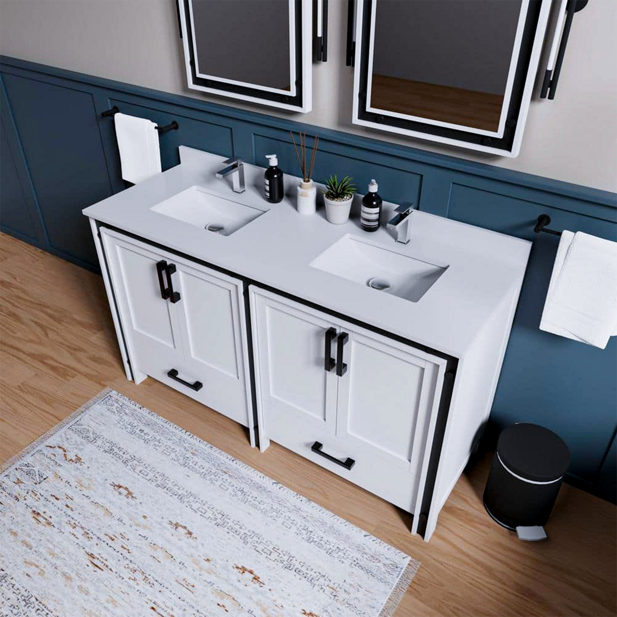 Ziva 60 in. Freestanding Bathroom Vanity With Double Integrated Ceramic Sink, White Cultured Marble Top