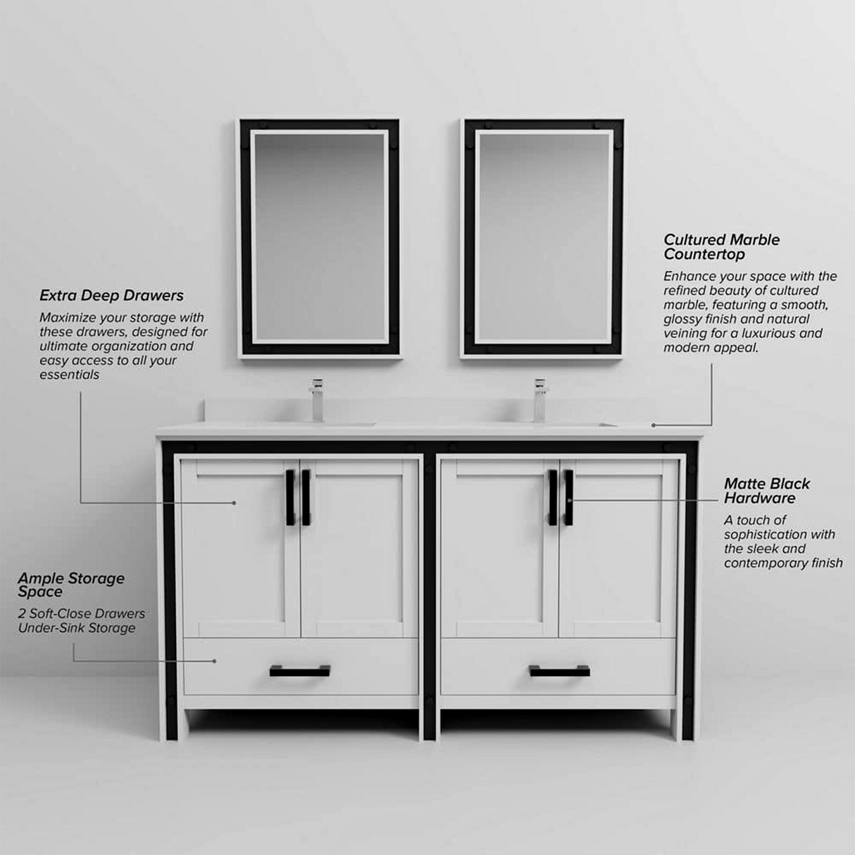 Ziva 60 in. Freestanding Bathroom Vanity With Double Integrated Ceramic Sink, White Cultured Marble Top