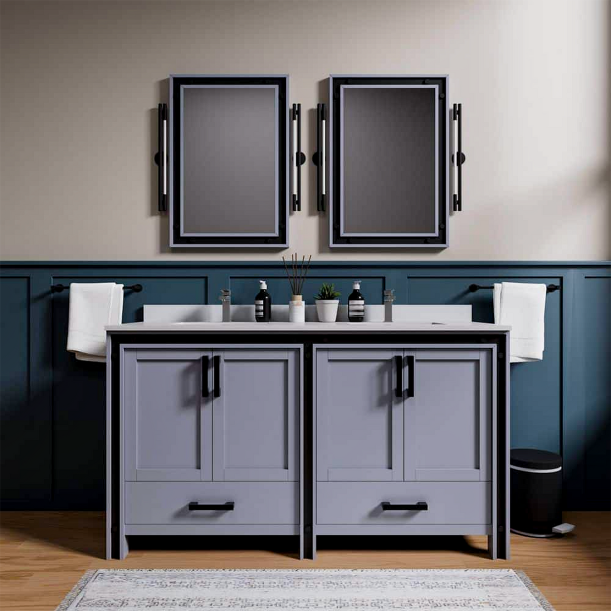 Ziva 60 in. Freestanding Bathroom Vanity With Double Integrated Ceramic Sink, White Cultured Marble Top