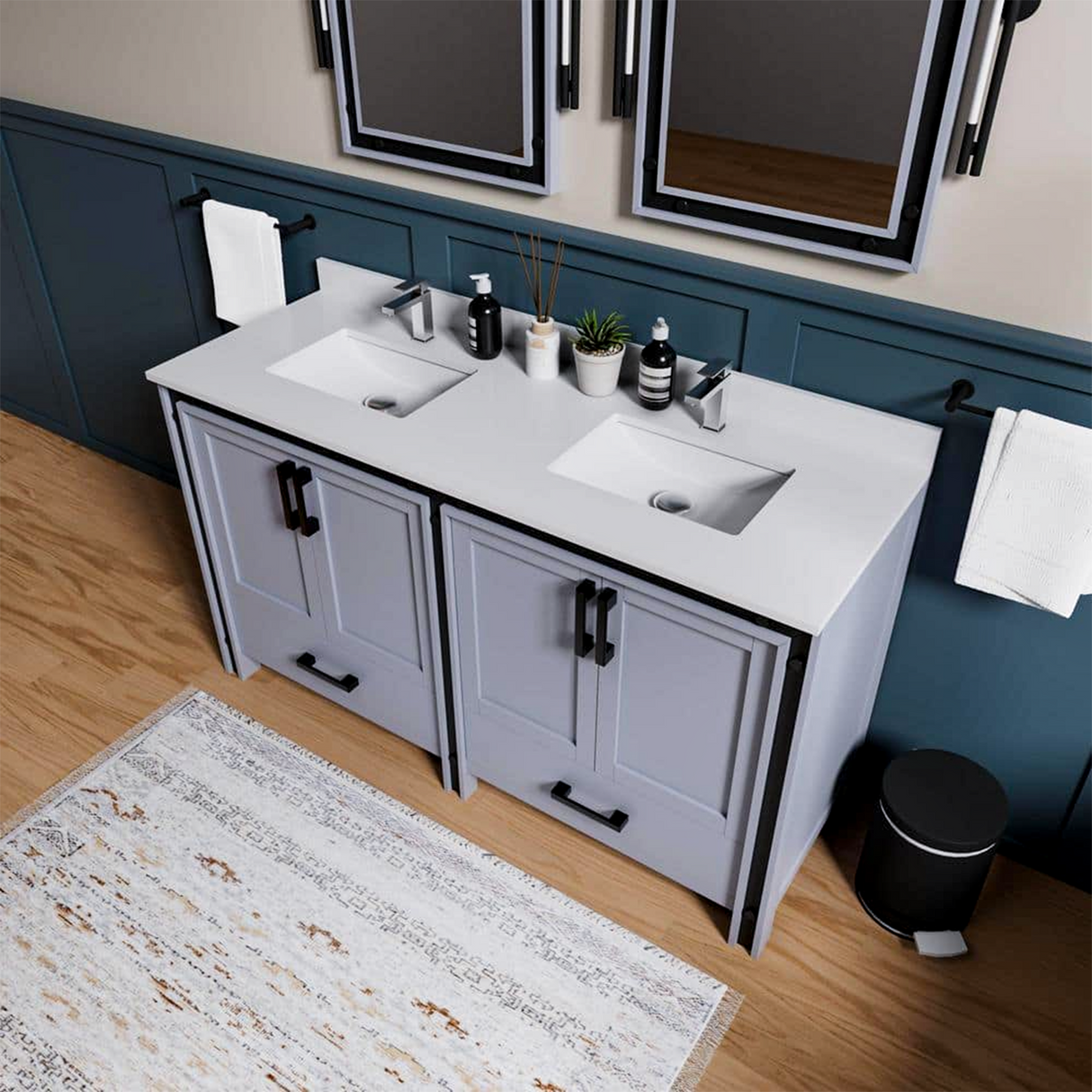 Ziva 60 in. Freestanding Bathroom Vanity With Double Integrated Ceramic Sink, White Cultured Marble Top