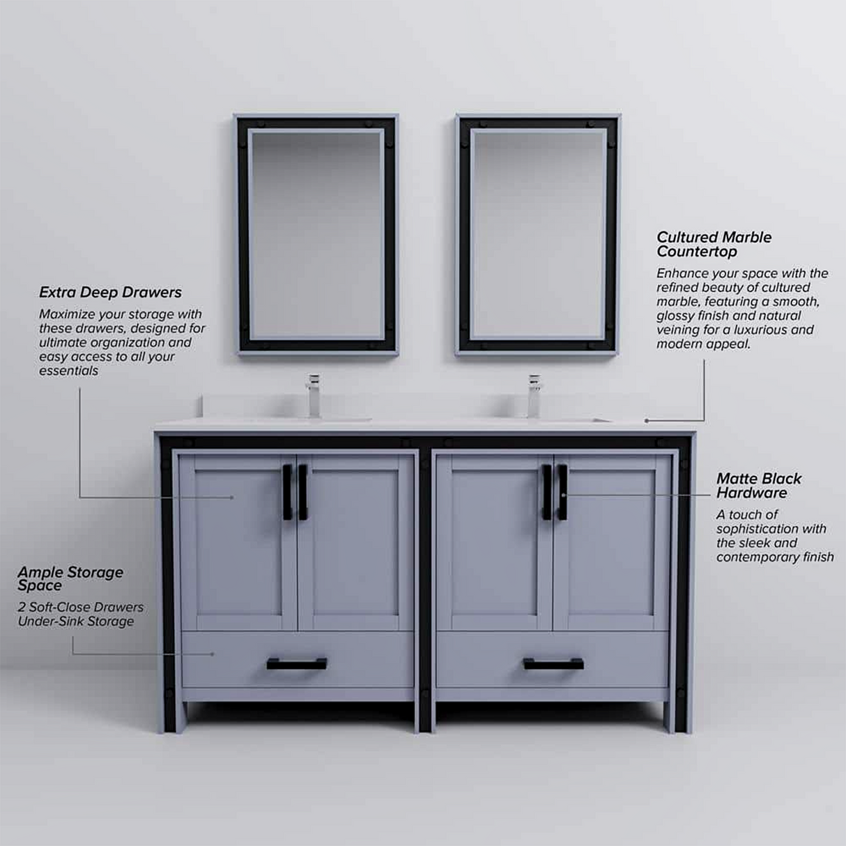 Ziva 60 in. Freestanding Bathroom Vanity With Double Integrated Ceramic Sink, White Cultured Marble Top