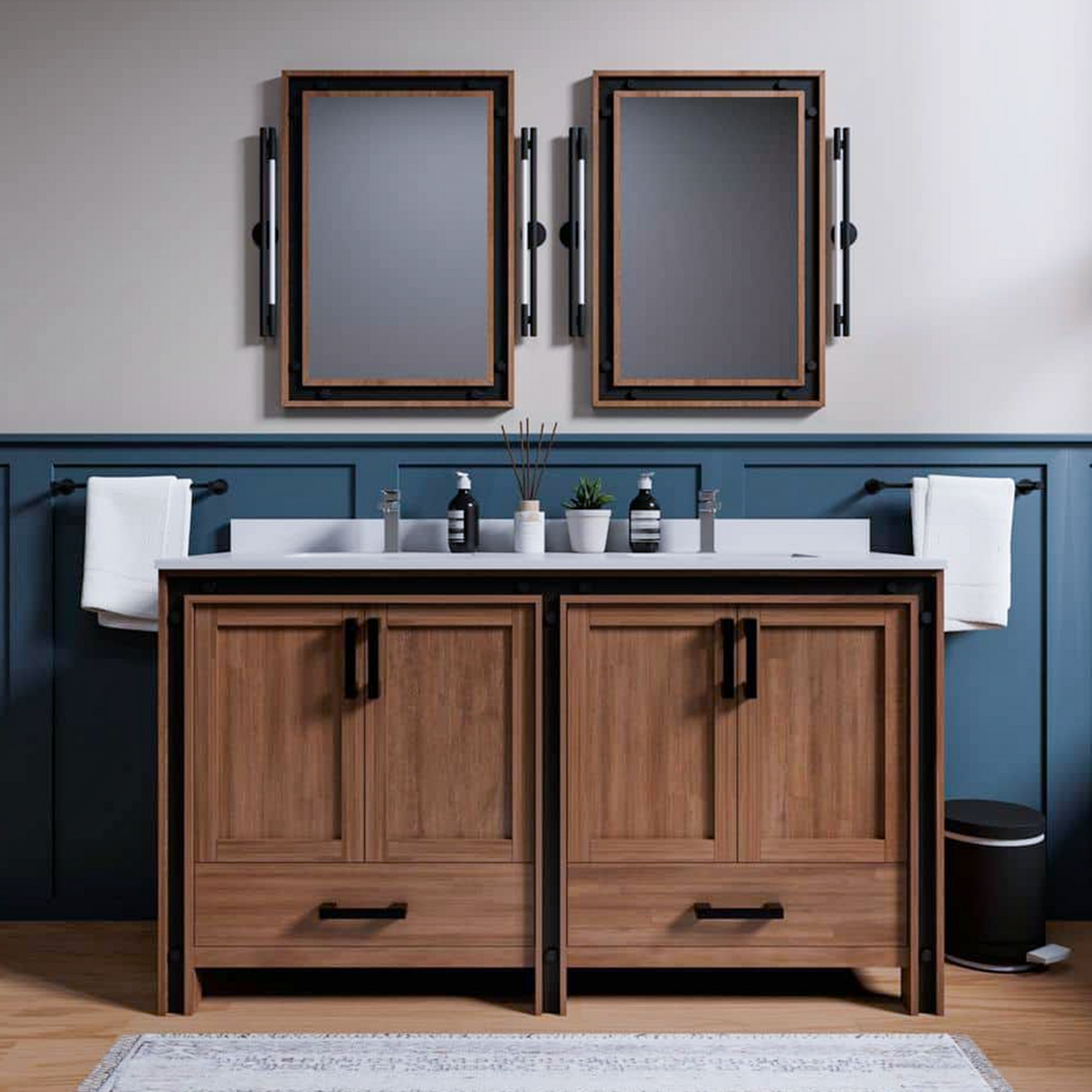 Ziva 60 in. Freestanding Bathroom Vanity With Double Integrated Ceramic Sink, White Cultured Marble Top