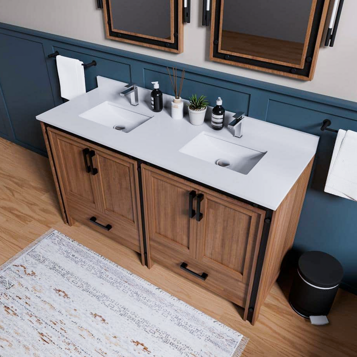 Ziva 60 in. Freestanding Bathroom Vanity With Double Integrated Ceramic Sink, White Cultured Marble Top