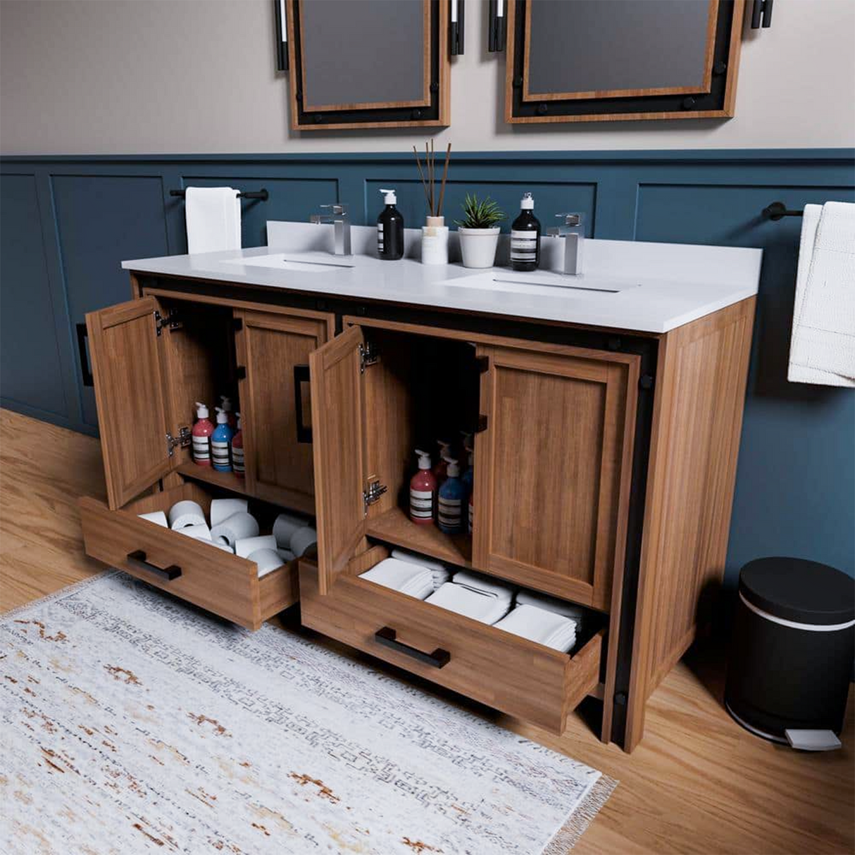Ziva 60 in. Freestanding Bathroom Vanity With Double Integrated Ceramic Sink, White Cultured Marble Top