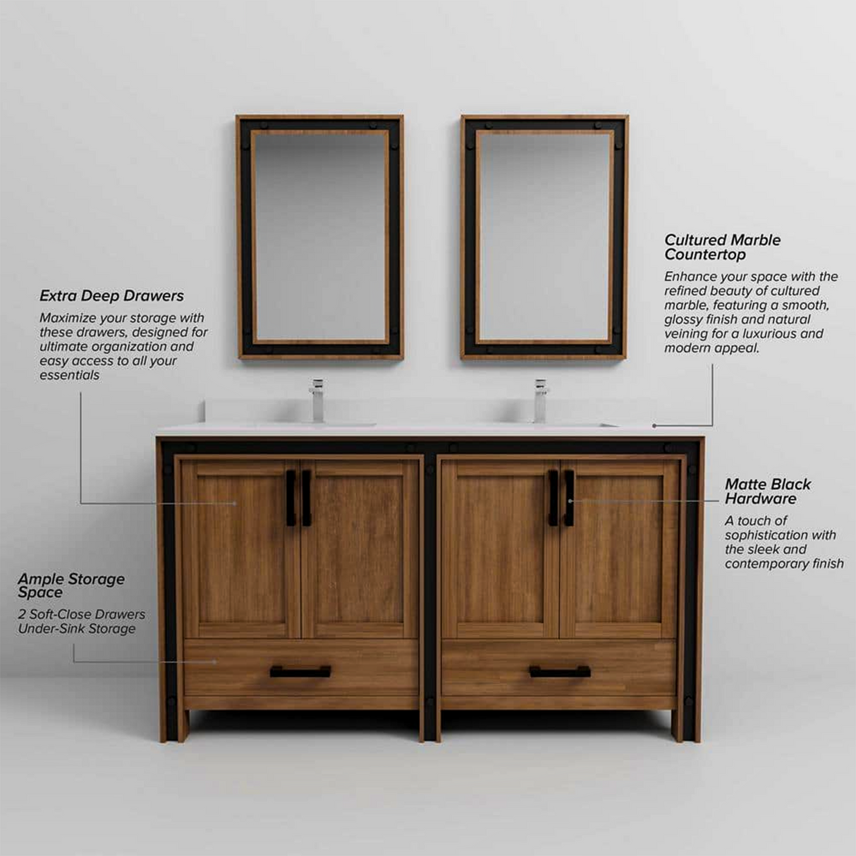 Ziva 60 in. Freestanding Bathroom Vanity With Double Integrated Ceramic Sink, White Cultured Marble Top