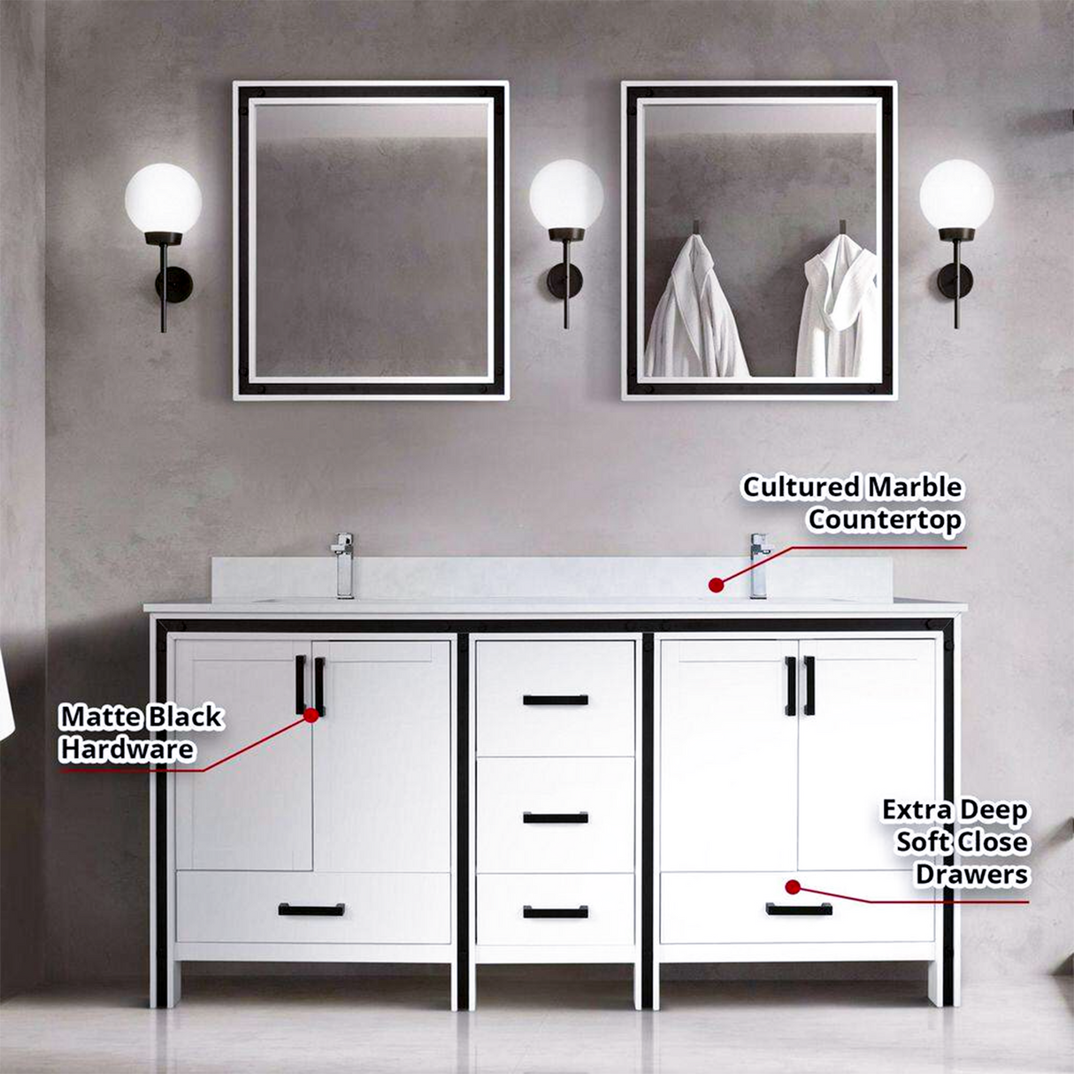 Ziva 72 in. Freestanding Bathroom Vanity With Double Integrated Ceramic Sink, White Cultured Marble Top