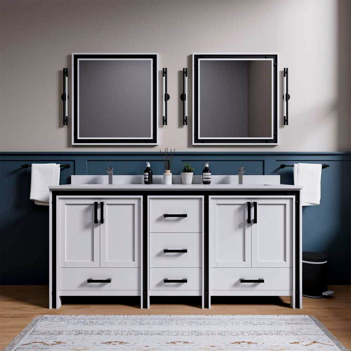 Ziva 72 in. Freestanding Bathroom Vanity With Double Integrated Ceramic Sink, White Cultured Marble Top