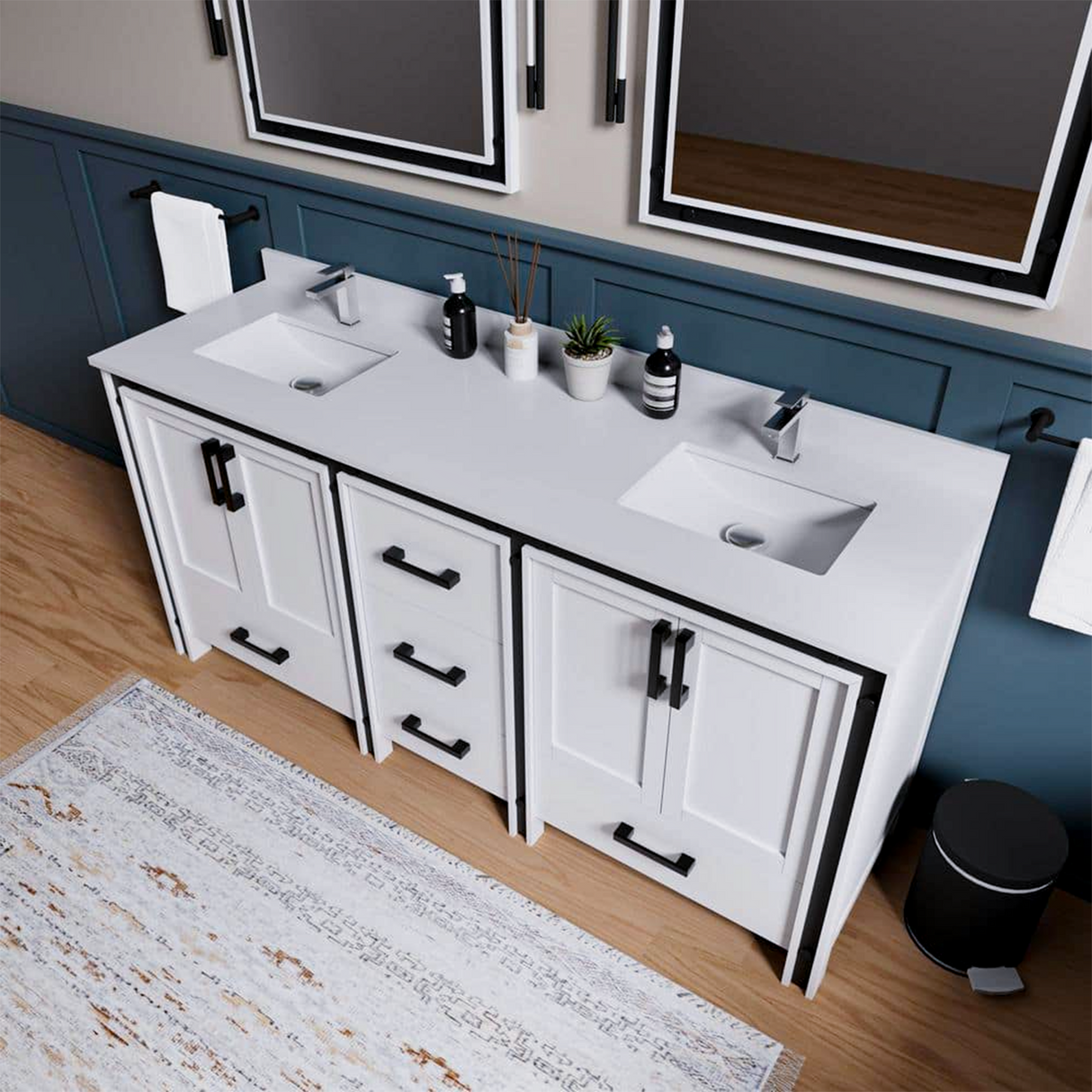 Ziva 72 in. Freestanding Bathroom Vanity With Double Integrated Ceramic Sink, White Cultured Marble Top