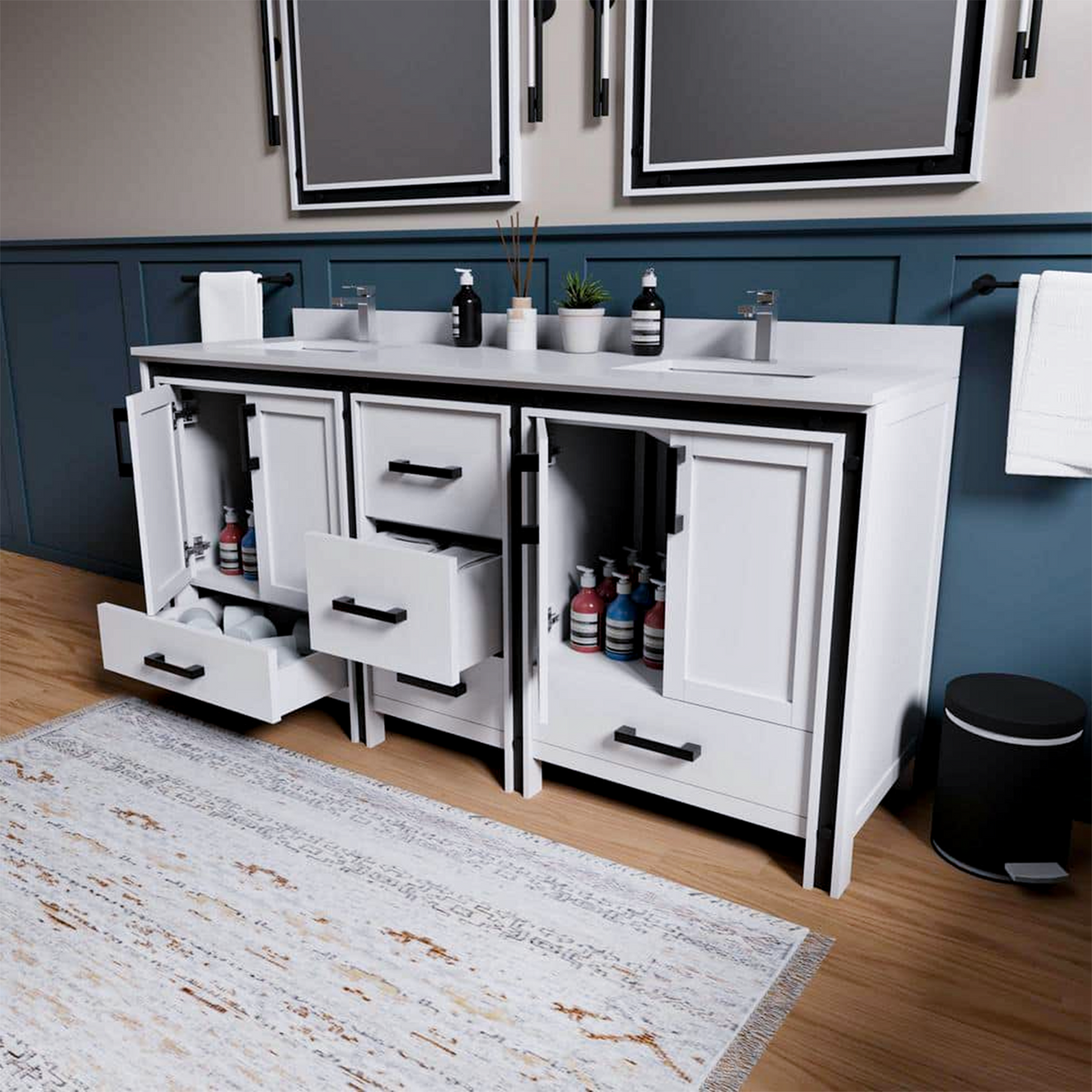 Ziva 72 in. Freestanding Bathroom Vanity With Double Integrated Ceramic Sink, White Cultured Marble Top
