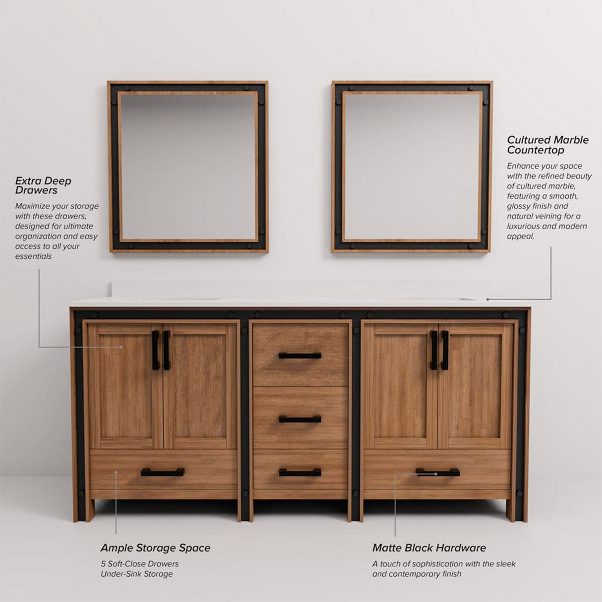 Ziva 72 in. Freestanding Bathroom Vanity With Double Integrated Ceramic Sink, White Cultured Marble Top