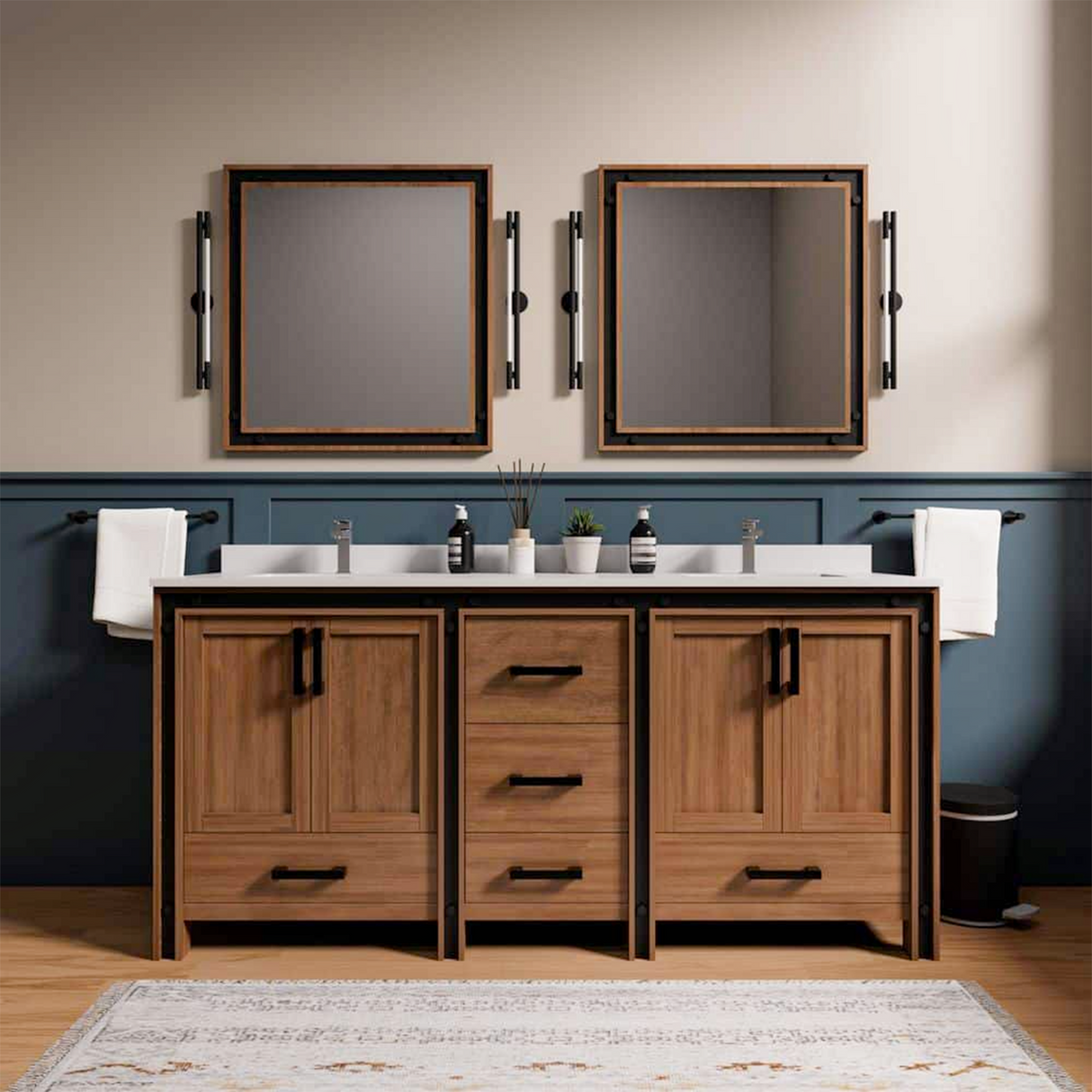 Ziva 72 in. Freestanding Bathroom Vanity With Double Integrated Ceramic Sink, White Cultured Marble Top