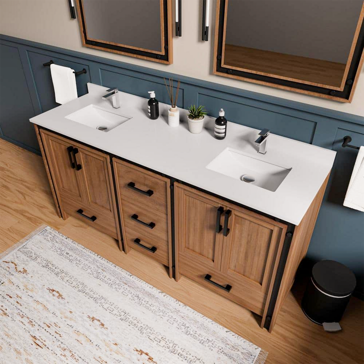 Ziva 72 in. Freestanding Bathroom Vanity With Double Integrated Ceramic Sink, White Cultured Marble Top