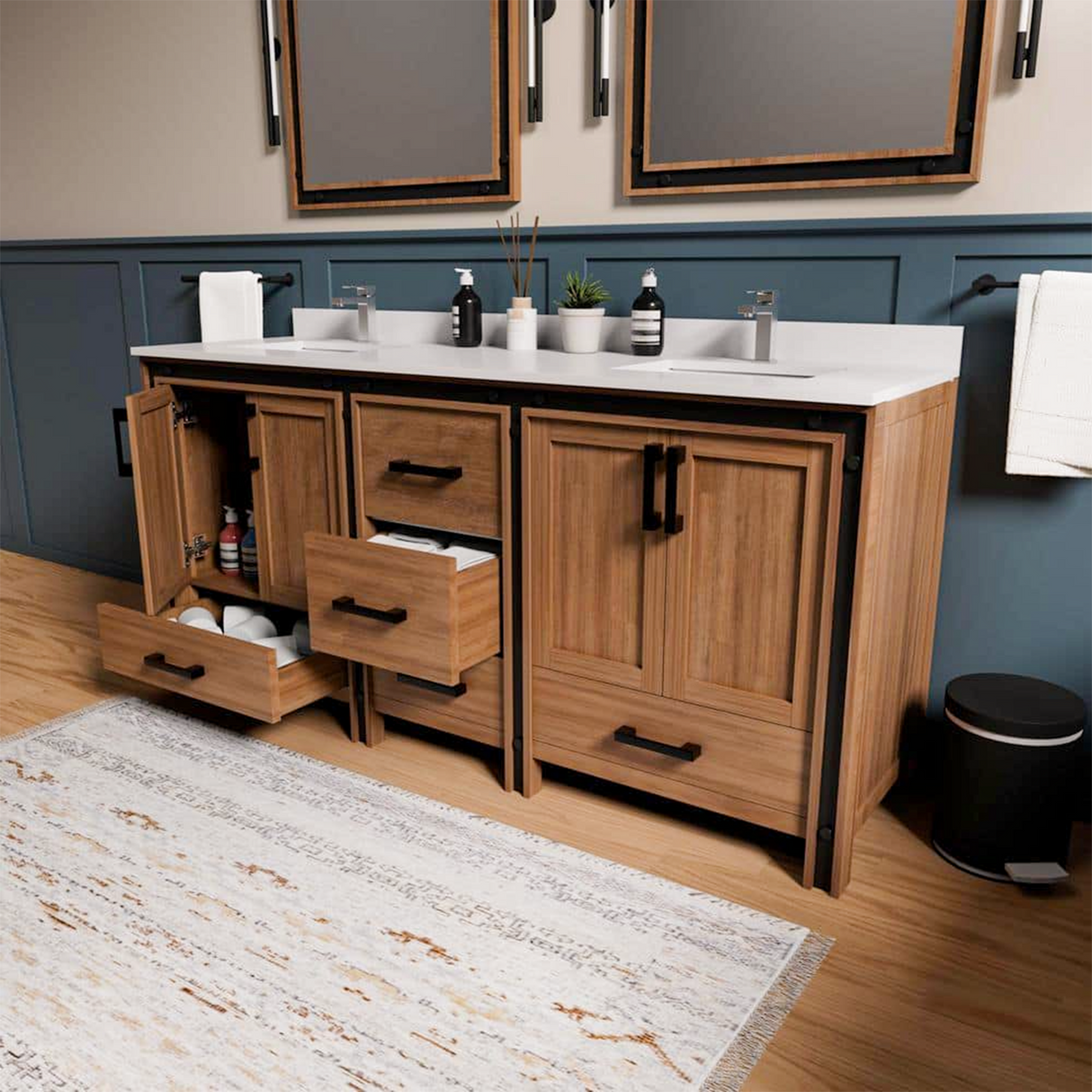 Ziva 72 in. Freestanding Bathroom Vanity With Double Integrated Ceramic Sink, White Cultured Marble Top