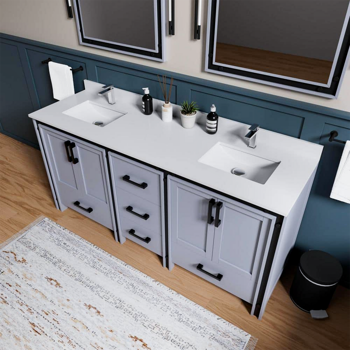 Ziva 72 in. Freestanding Bathroom Vanity With Double Integrated Ceramic Sink, White Cultured Marble Top