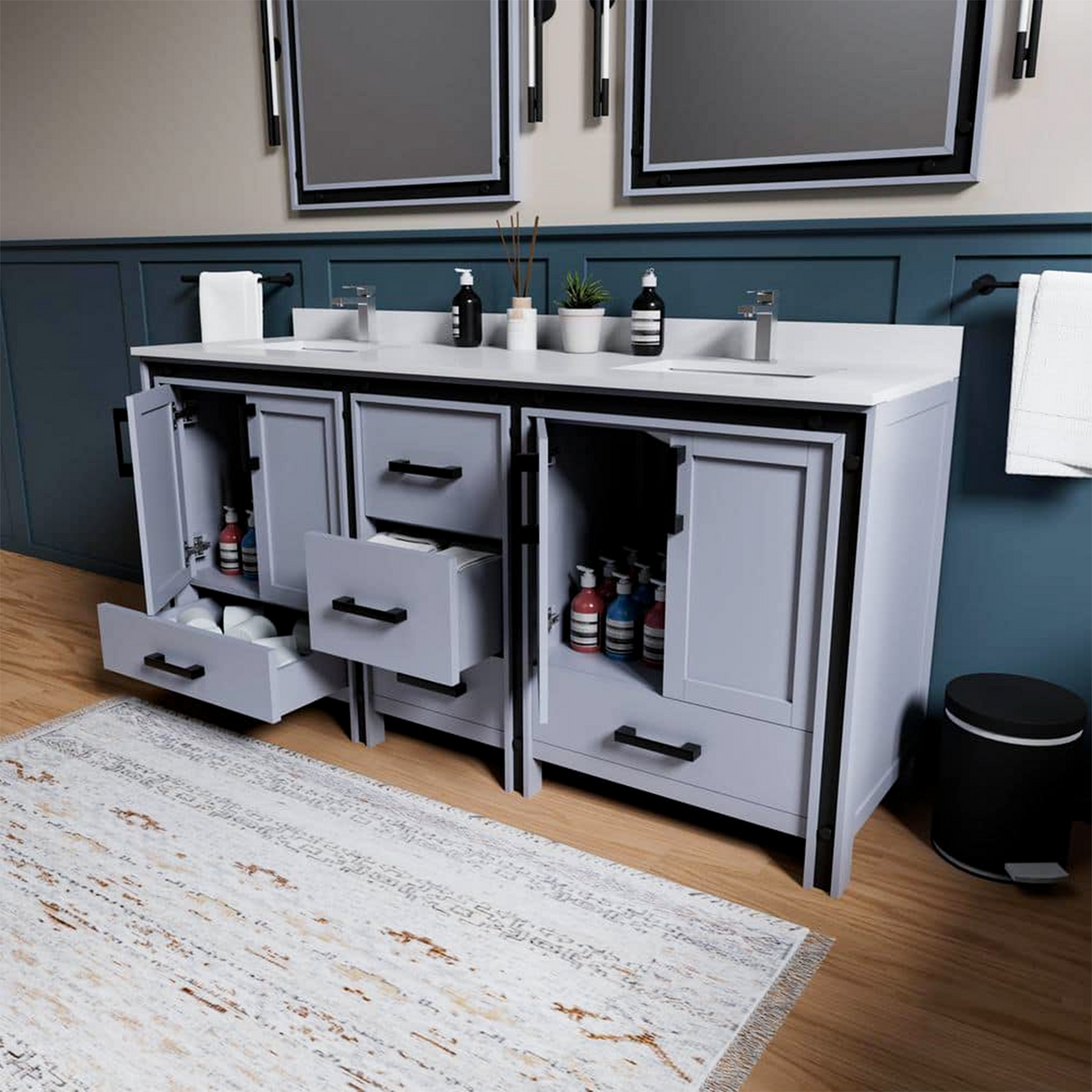 Ziva 72 in. Freestanding Bathroom Vanity With Double Integrated Ceramic Sink, White Cultured Marble Top