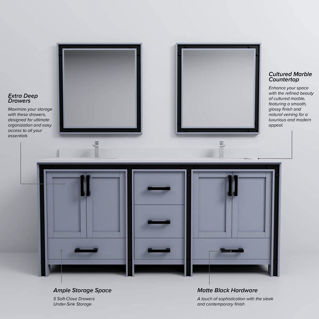 Ziva 72 in. Freestanding Bathroom Vanity With Double Integrated Ceramic Sink, White Cultured Marble Top
