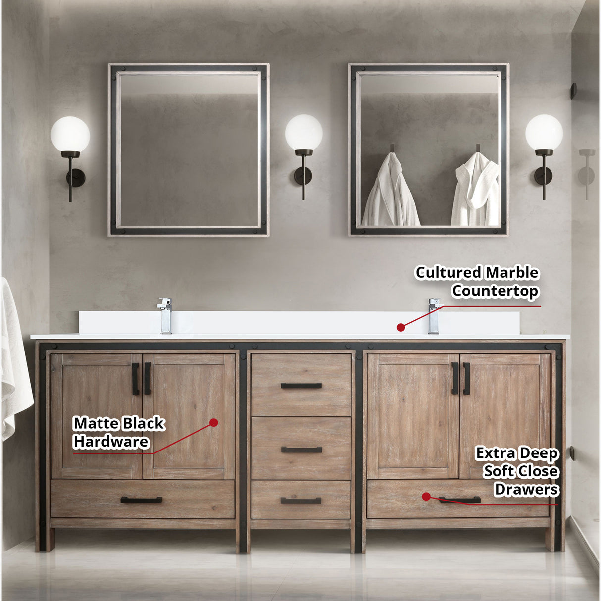 Ziva Freestanding 84 in. Freestanding Bathroom Vanity With Double Integrated Ceramic Sink, White Cultured Marble Top