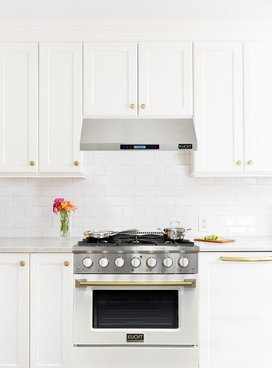 KUCHT Professional 30 in. 4.2 cu. ft. Dual Fuel Range for Propane Gas with Sealed Burners and Convection Oven in Stainless Steel with White Oven Door White Knobs and Gold Knob Rings