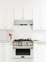 KUCHT Professional 30 in. 4.2 cu. ft. Dual Fuel Range for Propane Gas with Sealed Burners and Convection Oven in Stainless Steel with White Oven Door White Knobs and Gold Knob Rings
