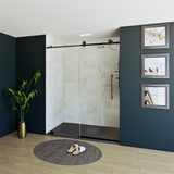 60" x 76" Frameless Shower Door with Black - Solid Surface Shower Base Tray - Shower Kit with covered drain - and 5pc Shower Wall System