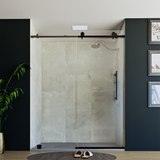 60" x 76" Frameless Shower Door with Black - Solid Surface Shower Base Tray - Shower Kit with covered drain - and 5pc Shower Wall System