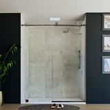 60" x 76" Frameless Shower Door with Brushed Grey - Solid Surface Shower Base Tray - Shower Kit with covered drain - and 5pc Shower Wall System