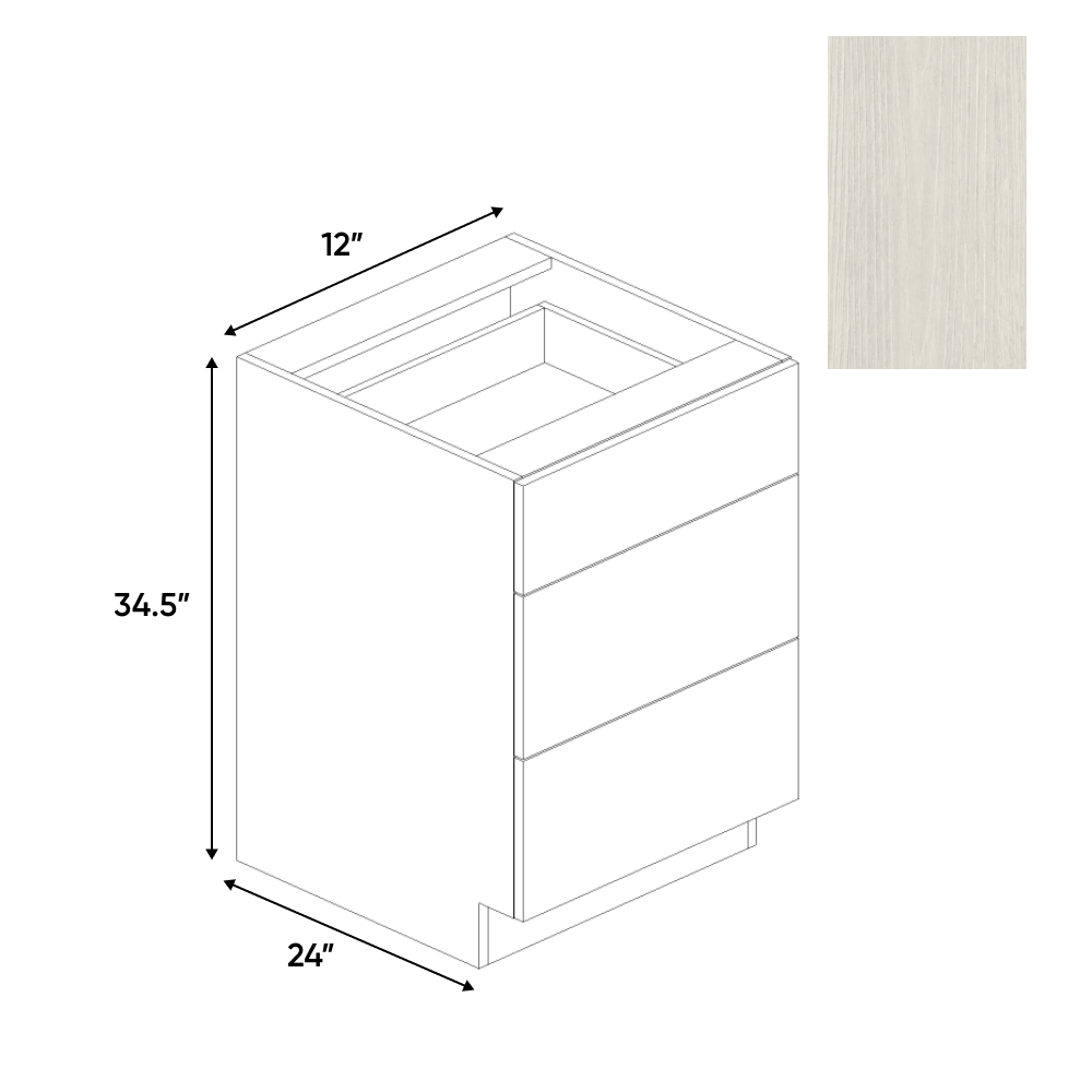 White Frozen Wood Textured - 3 Drawer Base Cabinet - 12"W x 34.5"H x 24"D - Pre Assembled - Frameless Cabinet