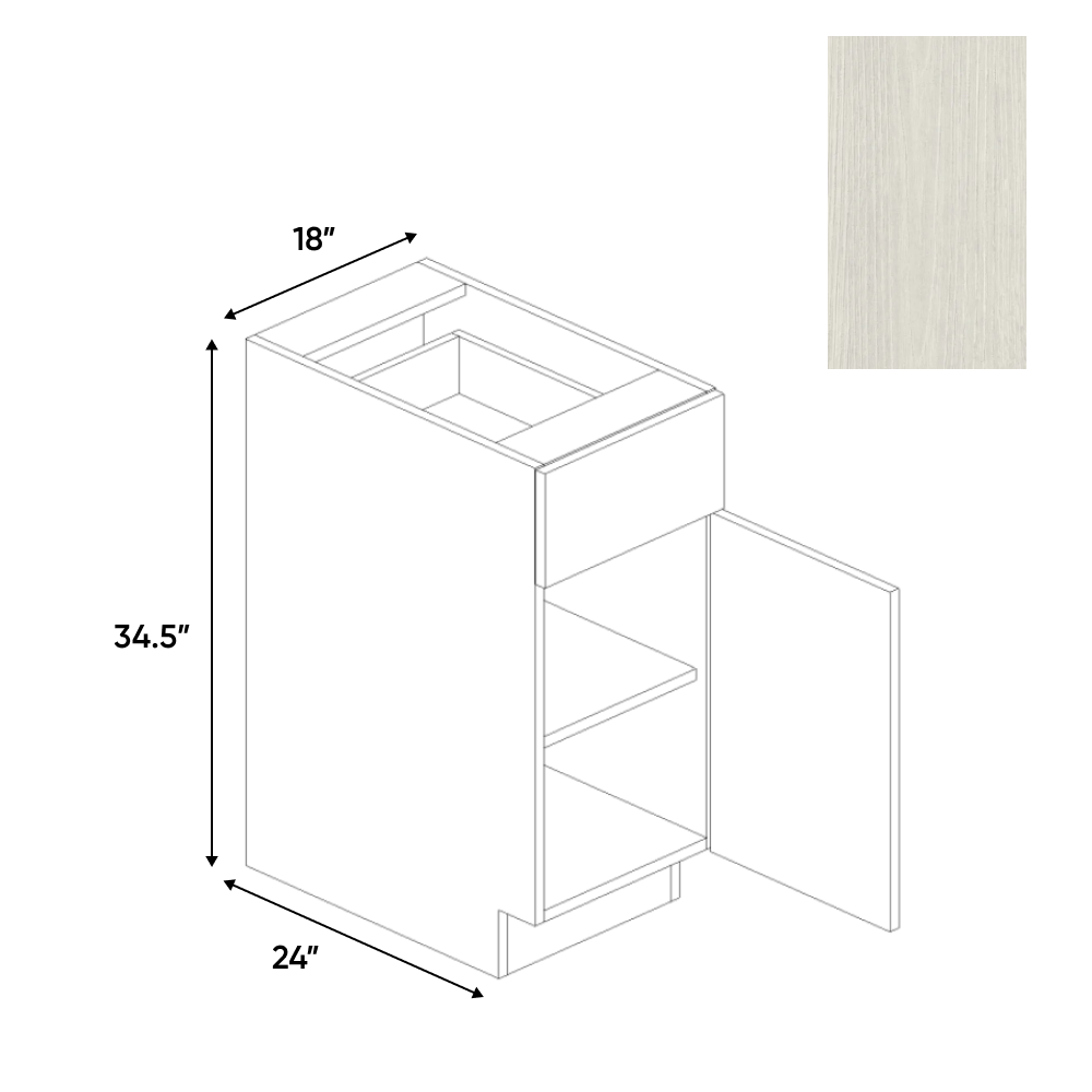 White Frozen Wood Textured - Single Door Base Cabinet - 18"W x 34.5"H x 24"D - Pre Assembled - Frameless Cabinet