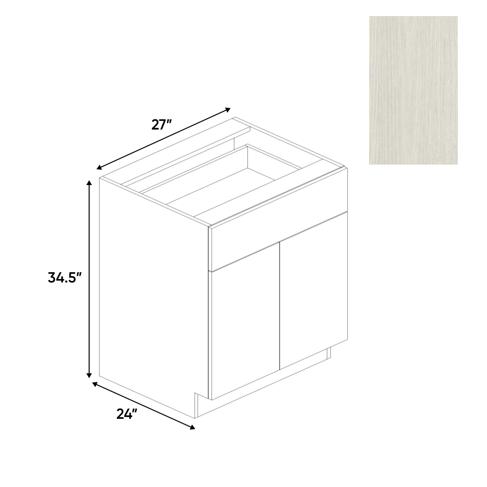 White Frozen Wood Textured - Double Door Base Cabinet - 27"W x 34.5"H x 24"D - Pre Assembled - Frameless Cabinet