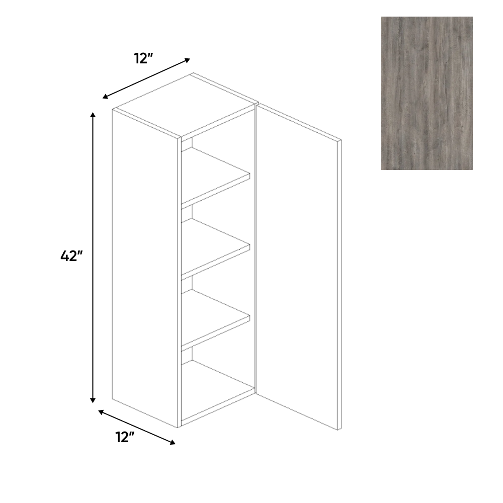 RTA - Lakeland Oak 02 Textured - Wall Cabinet - 12"W x 42"H x 12"D - Frameless Cabinet