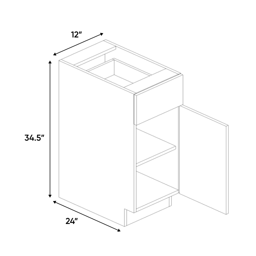 RTA - Olmo Gloss - Single Door Base Cabinet - 12"W x 34.5"H x 24"D - Frameless Cabinet